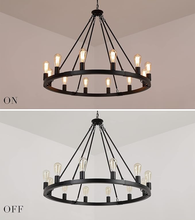 AMZASA Large Farmhouse Wagon Wheel Chandelier,Black Industrial Round 12 Lights Dining Room Light Fixture for Kitchen Living Room Foyer Hotel Dia38.2 Inches UL Listed