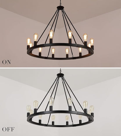 AMZASA Large Farmhouse Wagon Wheel Chandelier,Black Industrial Round 12 Lights Dining Room Light Fixture for Kitchen Living Room Foyer Hotel Dia38.2 Inches UL Listed