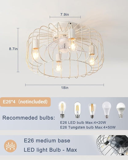 Farmhouse Ceiling Fan with Lights and Remote, 18 inch Low Profile Flush Mount Industrial Ceiling Fan Chandelier, Rustic Enclosed Fan Light for Kitchen Dining Room Bedroom