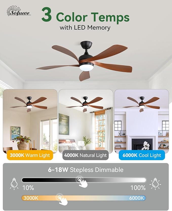 Sofucor 52" Smart Ceiling Fan, Indoor/Outdoor Ceiling Fans with Lights and Remote, Compatible with Alexa/Google/App, 3-Color Light 6-Speed Timing Reversible DC Motor for Bedroom Living Room Patio