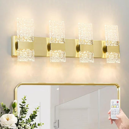 Modern Polished Gold 4 Lights Bathroom Vanity Light, Eleglant LED Bathroom Light Fixtures Over Mirror, Dimmable Acrylic Shade Wall Lighting Fixtures, Hardwired Wall Light(H9.25in, L28.35in)