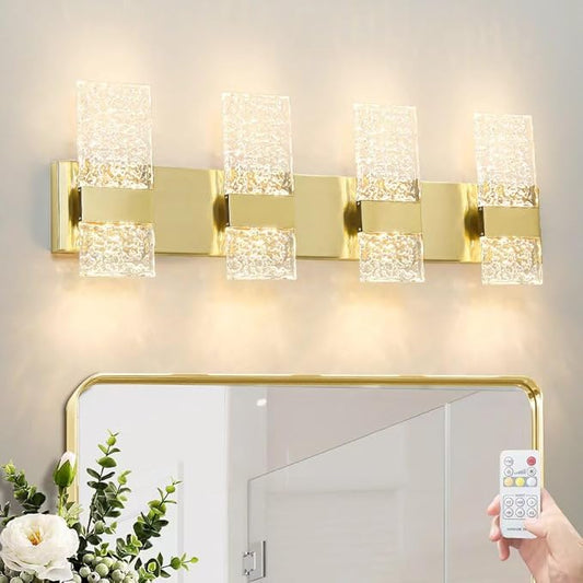 Modern Polished Gold 4 Lights Bathroom Vanity Light, Eleglant LED Bathroom Light Fixtures Over Mirror, Dimmable Acrylic Shade Wall Lighting Fixtures, Hardwired Wall Light(H9.25in, L28.35in)
