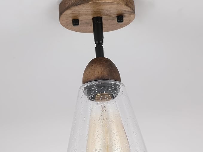 2 Pack Rustic Farmhouse Glass Flush Mount Ceiling Light Fixture Mini Clear Seeded Glass Shade and Oak Wood Semi Flush Mount Ceiling Light for Kitchen Hallway Entryway Sink Farmhouse