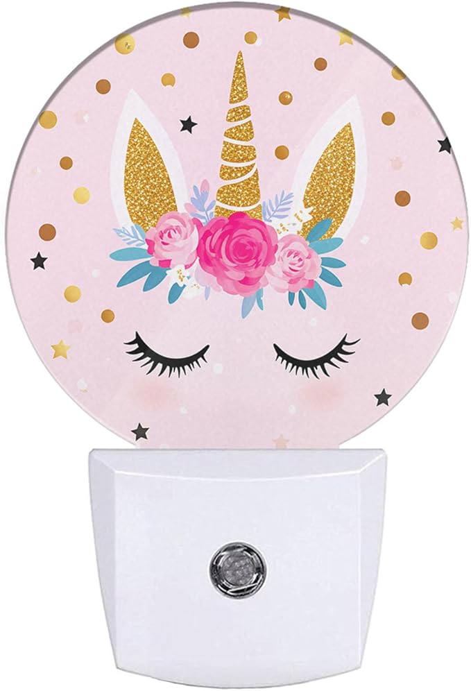 EKOBLA Unicorn Plug-in Night Light, Pink & Gold Polka Dot LED Nightlight with Dusk to Dawn Sensor for Teen Girls Gift