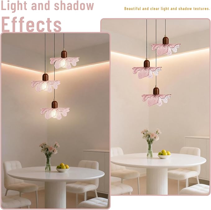 3-Light Pink Flower Glass Pendant Light, Mid-Century Modern Chandelier, Adjustable Hanging Ceiling Light Fixture for Dining Room, Kitchen Island, Bedroom, Living Room, Restaurant, Cafe