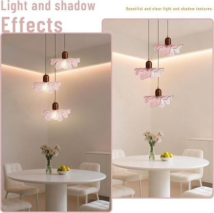3-Light Pink Flower Glass Pendant Light, Mid-Century Modern Chandelier, Adjustable Hanging Ceiling Light Fixture for Dining Room, Kitchen Island, Bedroom, Living Room, Restaurant, Cafe