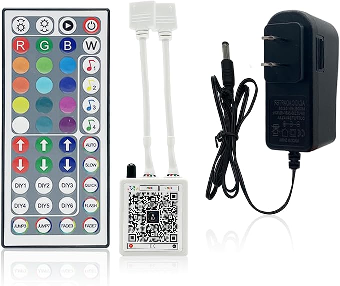 KEXU 44 Key RGB LED Strip Lights IR Remote Control,Remote Receiver for RGB LED Light Strip, 24V Power Adapter for LED Lights for Bedroom