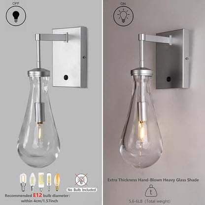 HuisMier Nickel Wall Sconces, Modern Raindrop Wall Sconce with On Off Switch, Clear Glass Wall Mounted Lamp Indoor Vanity Light Fixtures for Bathroom Bedroom Hallway Living Room, Hardwired