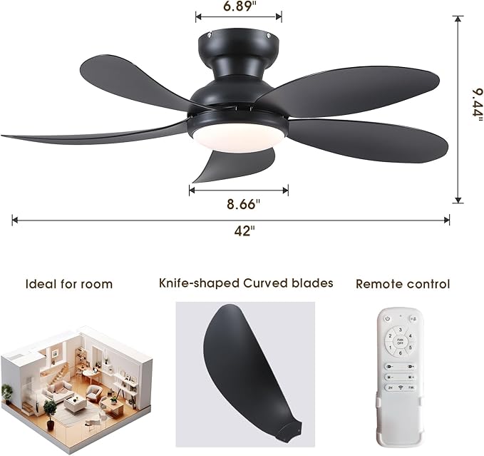 PHORUS 42" Black Low Profile Ceiling Fans with Lights and Remote,Small Flush Mount Ceiling Fans with Quiet Reversible DC Motor, Dimmable 3 CCT