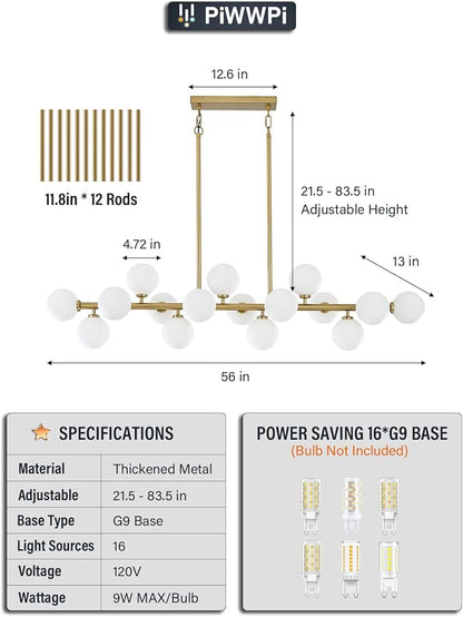 55" Long Brass Gold Chandeliers for Dining Room Kitchen Island, Large Globe Sputnik Linear Chandelier, 16 Lights Mid Century Modern Light Fixture Over Table, Milk White Bubble, GC-08