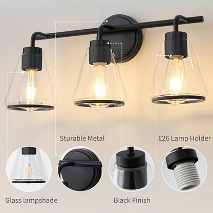 Black Bathroom Vanity Light 3 Lights Bathroom Light Fixtures Over Mirror Vanity Lighting Fixtures with Clear Glass Shade 22 inch Modern Vanity Lights for Bathroom Wall Sconce Lights for Bedroom