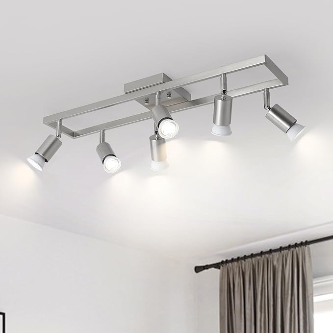 KEESFU Nickel 6-Light Track Lighting Fixtures Ceiling, GU10 LED Ceiling Spotlight with Rotatable Heads, Modern Track Light for Kitchen, Hallway, Living Room