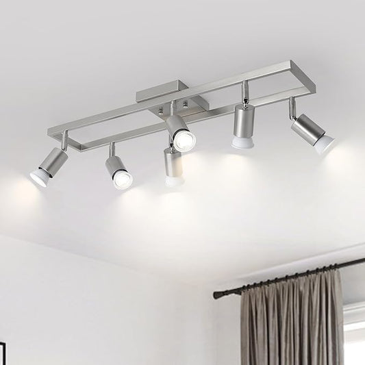 KEESFU Nickel 6-Light Track Lighting Fixtures Ceiling, GU10 LED Ceiling Spotlight with Rotatable Heads, Modern Track Light for Kitchen, Hallway, Living Room