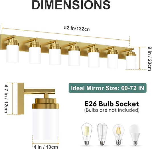 IZORRO Bathroom Vanity Light Fixture, 7-Light 52 inch Gold Bathroom Light Fixtures Over Mirror, with White Glass Shade, Modern Farmhouse Vanity Lights, Rustic Restroom Lighting Fixtures