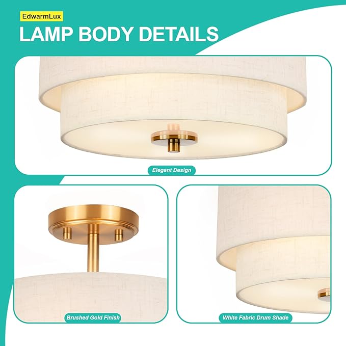 Edwarmlux 3-Light Semi Flush Mount Ceiling Light Fixture, 12.6" Gold Drum Light with White Fabric Shade, Modern Close to Ceiling Light for Living Room Bedroom Dining Room Kitchen Hallway Entry Foyer