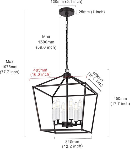 MELUCEE Vintage Lantern Pendant Light 6 Light Industrial Cage Chandelier with E12 White Candle-shaped Base Oil Rubbed Bronze Rustic Geometric Hanging Light Fixture for Kitchen Island Foyer Dining Room