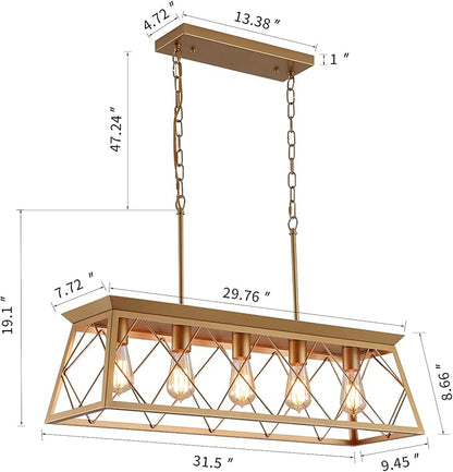 Q&S Modern Farmhouse Chandelier Light Fixtures,5-Lights Gold Linear Industrial Light Fixtures for Kitchen Island Bar Dining Table UL Listed