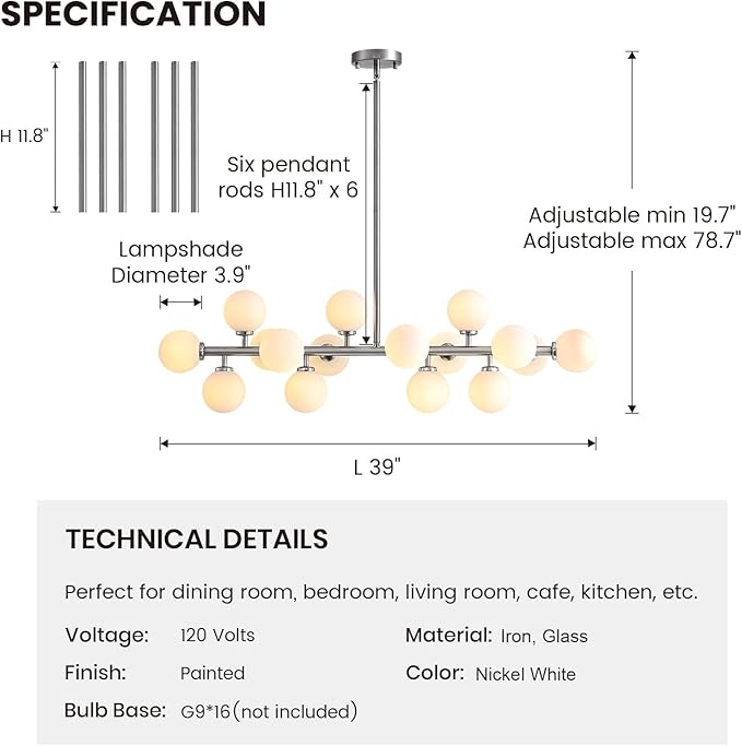 39'' Brushed Nickel and Milky White Mid Century Modern Pendant Lights Dimmable Glass Globe Sputnik Chandelier 16 Lights Linear Chandelier Light Fixtures for Kitchen Island Dining Room