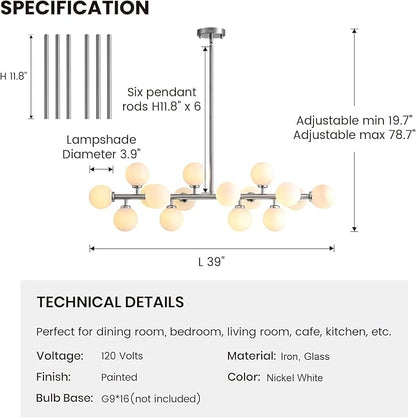 39'' Brushed Nickel and Milky White Mid Century Modern Pendant Lights Dimmable Glass Globe Sputnik Chandelier 16 Lights Linear Chandelier Light Fixtures for Kitchen Island Dining Room