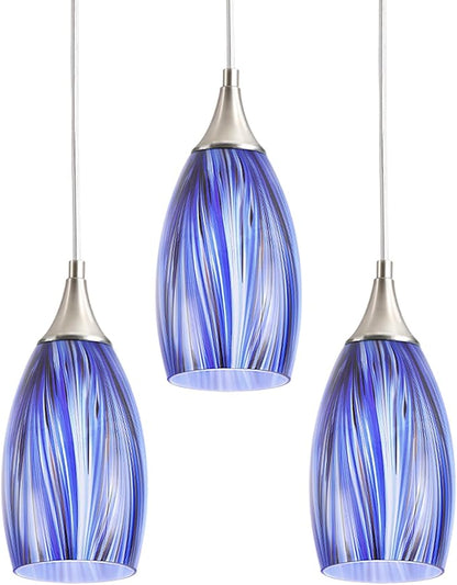 GLADFRESIT Deep-Sea Blue Glass Pendant Lights – Set of 3, Handcrafted Hanging Lights for Kitchen Island, Dining Room, or Entryway – Adjustable Nylon Cord & Ceramic Socket – E26 Base (Bulbs Excluded)