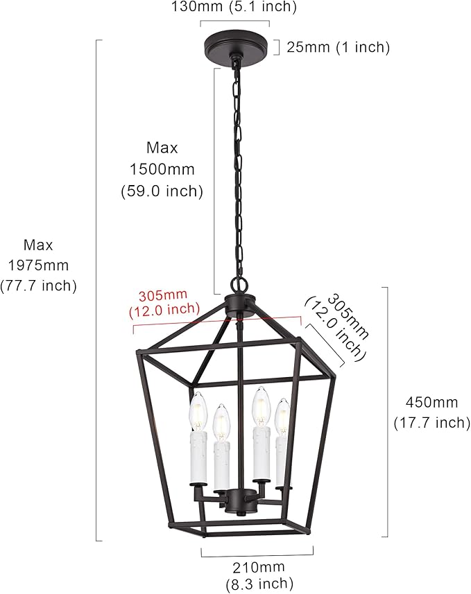 MELUCEE 4-Light Farmhouse Cage Pendant Light in Oil Rubbed Bronze Vintage Chandelier Lantern Hanging Light Fixtures Ceiling with White Candle-Shaped Socket for Kitchen Island, Dining Room, Foyer