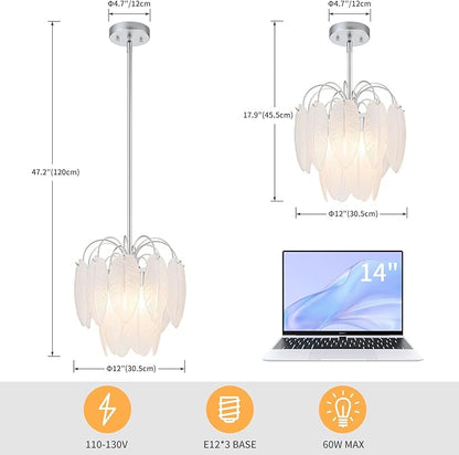 LumFurn D12 inch Glass Chandeliers, 3-Light Modern Pendant Light Fixture for Dining Room, Living Room, D12x18~47 in(Adjustable Height), White Frosted Glass Feather Shade & Silver Finish Frame