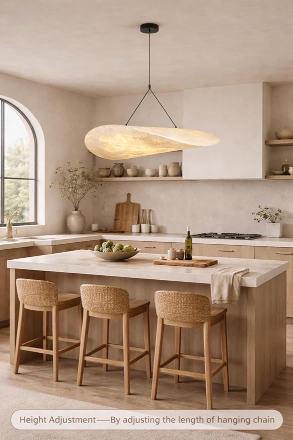 Wabi-Sabi Style Pendant Light with 27.56-Inch Imitation Silk Shade, Adjustable Height Ceiling Hanging Lamp for Kitchen Island, Living Room & Entryway