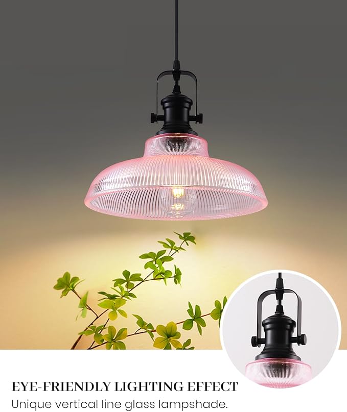 Pink Glass Pendant Lights Kitchen Island, 12in, Ribbed Glass Kitchen Pendant Lights Fixture, Farmhouse Pendant Lighting for Dining Room Bedroom Bar Sink, 1 Pack