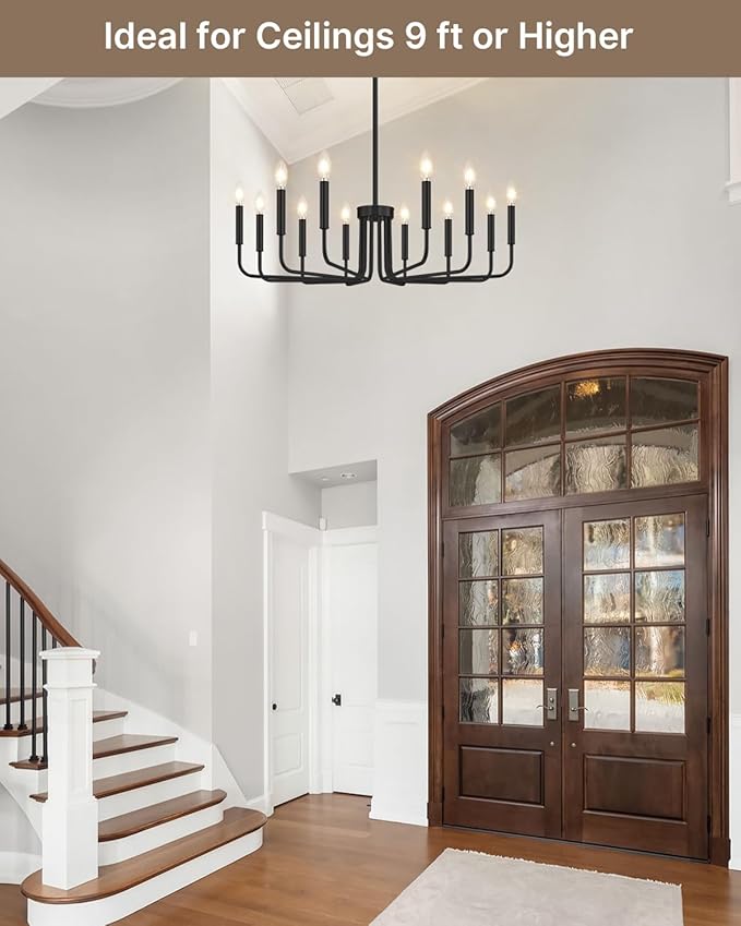 Yunnix 12 Light Black Chandelier, 35" Extra Large Modern Farmhouse Hanging Fixture - Industrial Matte Black Dining Room Light for Kitchen Island, Living Room, Hall, Foyer