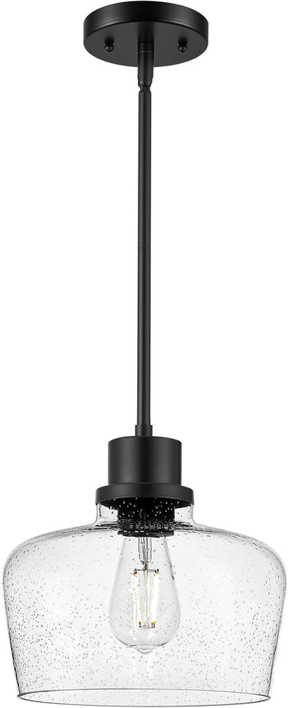 Emak 10 Inch Large Pendant Light, Black Pendant Lights Kitchen Island with Seeded Glass Shade, Modern Farmhouse Island Lights for Kitchen, Dining Room, Entrance, PL126-BK-SG