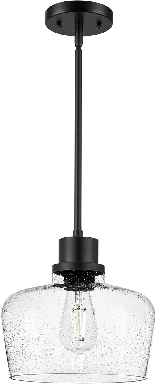 Emak 10 Inch Large Pendant Light, Black Pendant Lights Kitchen Island with Seeded Glass Shade, Modern Farmhouse Island Lights for Kitchen, Dining Room, Entrance, PL126-BK-SG
