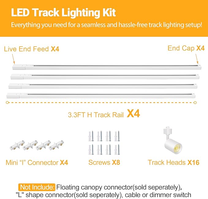 VANoopee 16-Light LED Track Lighting Kit with 13FT H Type Track Lighting Rail, Dimmable LED Track Light Heads Modern Kitchen Track Lighting Fixtures Ceiling Spot Light 3000K 24° CRI90+ 10W 800lm White
