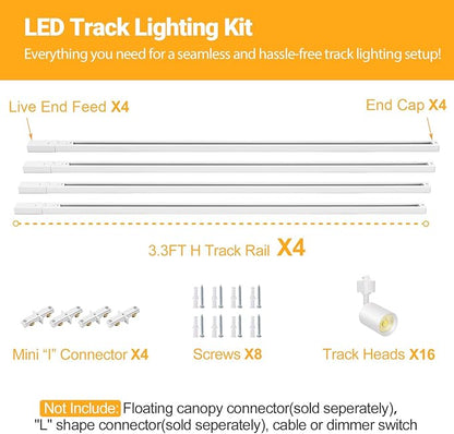 VANoopee 16-Light LED Track Lighting Kit with 13FT H Type Track Lighting Rail, Dimmable LED Track Light Heads Modern Kitchen Track Lighting Fixtures Ceiling Spot Light 3000K 24° CRI90+ 10W 800lm White