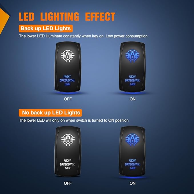 Nilight Front Differential Lock Rocker Switch Led Light Bar 5 Pin Laser On Off SPST Switches 20A/12V 10A/24V Blue with Jumper Wires Set for Cars Trucks Boats ATVs UTVs RVs