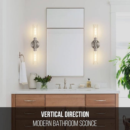 SANTOSTOCK Brushed Nickel 2-Light Bathroom Vanity Light Fixture, Modern Bathroom Sconces Wall Lighting W/Clear Glass Shade, Horizontal and Vertical Wall Mount Lamp for Mirror Hallway Kitchen