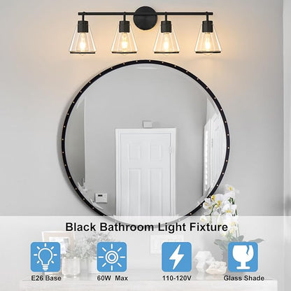 Black Bathroom Light Fixtures 4 Light Bathroom Vanity Lights Over Mirror with Clear Glass Shade, 30 Inch Vanity Lights for Bedroom Modern Wall Sconce Lighting (Exclude E26 Bulb)