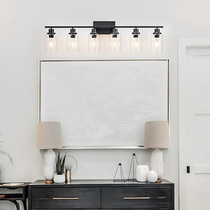 6 Light Bathroom Light Fixtures Black Vanity Light Over Mirror Modern Farmhouse Wall Lighting Sconces Wall Lamp for Bathroom, Bedroom, Living Room E26 Socket with Glass Shade
