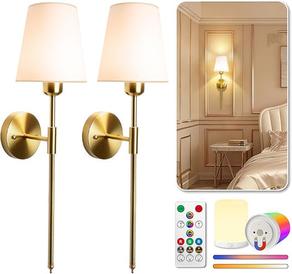 Adetu Wall Sconces Set of Two, Battery Operated Wall Sconce with 10000mAh RGB Dimmable Magnetic Bulbs and Remote, Rechargeable Wall Lights for Bedroom Living Room Hallway Decor