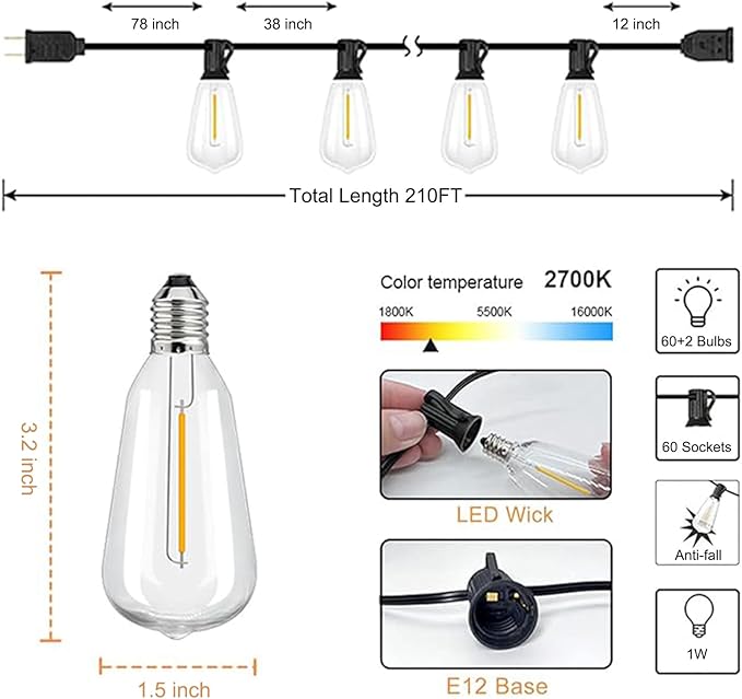 Jedavai Upgraded LED Outdoor String Lights 210Ft Shatterproof Waterproof ST38 Vintage Edison Bulbs Patio Lights Energy Saving Hanging Outdoor for Christmas Porch Deck Garden Backyard Wedding Party