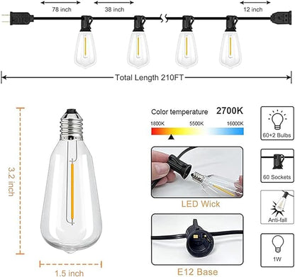 Jedavai Upgraded LED Outdoor String Lights 210Ft Shatterproof Waterproof ST38 Vintage Edison Bulbs Patio Lights Energy Saving Hanging Outdoor for Christmas Porch Deck Garden Backyard Wedding Party