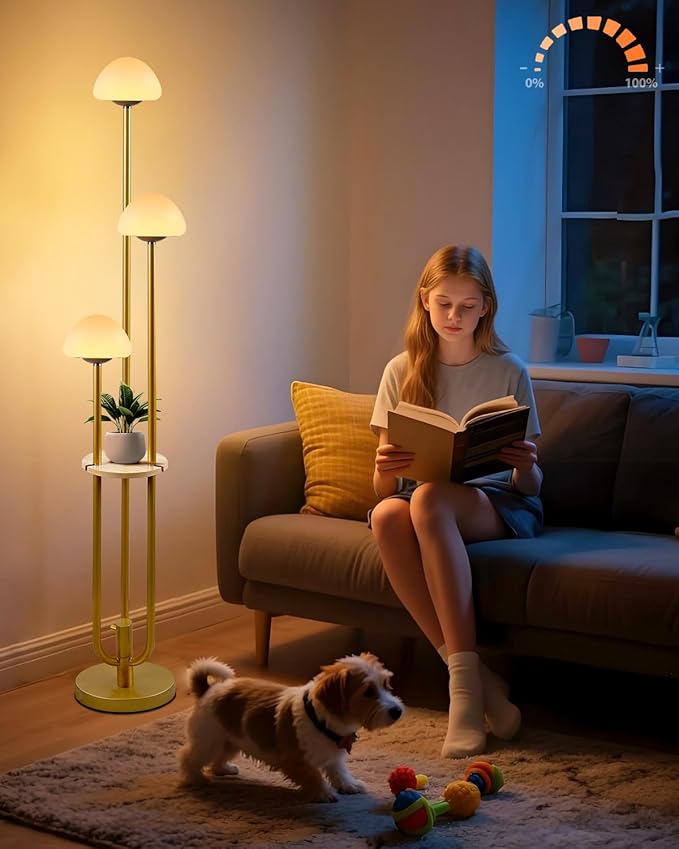 Gold Dimmable Floor Lamp with Table, Modern Floor Lamps with Mushroom Shades for Living Room, 3000K Warm White Tall Standing Lamp with Bulbs& 5Lbs Heavy Base for Bedroom/Office
