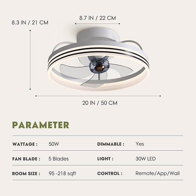 LUDOMIDE Ceiling Fans with Lights, 360° Rotating Ceiling Fan with Lights and Remote, 6 Wind Speeds Smart Flush Mount Ceiling Fan for Bedroom, Dining Room and Kitchen 20"