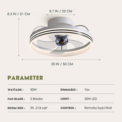 LUDOMIDE Ceiling Fans with Lights, 360° Rotating Ceiling Fan with Lights and Remote, 6 Wind Speeds Smart Flush Mount Ceiling Fan for Bedroom, Dining Room and Kitchen 20"