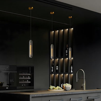 Modern K9 Crystal Kitchen Island Pendant Light,14.95'' Black Long Crystal Pendant Light,1 Light Indoor Crystal Pendant Light, for Kitchen Dining Bathroom Bedroom,Included 2 Bulb