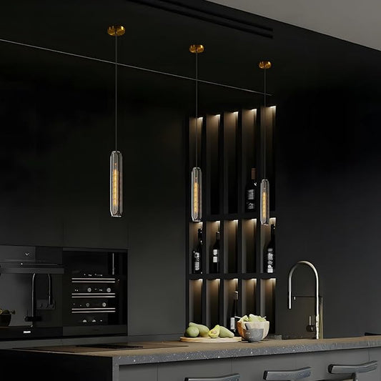 Modern K9 Crystal Kitchen Island Pendant Light,14.95'' Black Long Crystal Pendant Light,1 Light Indoor Crystal Pendant Light, for Kitchen Dining Bathroom Bedroom,Included 2 Bulb