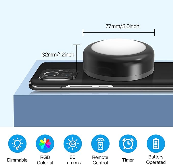 Cadrim Puck Lights, 1 Pack 13 Colors Changeable LED Puck lightings Battery Powered Dimmable Under Cabinet Lights, Battery Powered Under Counter Lights with 1 Wireless Remote Controls, Black
