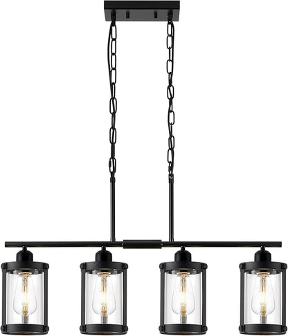 4-Light Kitchen Island Lighting, Black Linear Dining Room Light Fixtures with Clear Glass and Chain, Modern Farmhouse Chandelier Pendant Light for Kitchen Island Dining Room, OS-3014-4ISBK