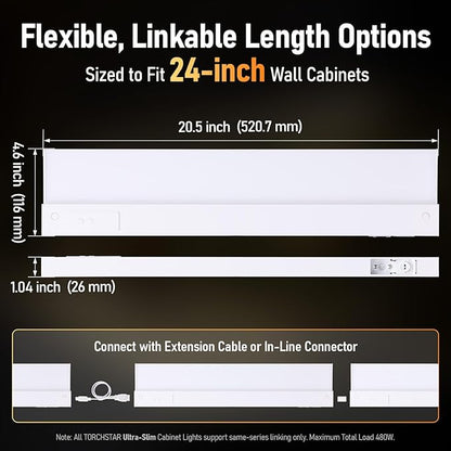 TORCHSTAR Ultra-Slim LED Under Cabinet Lighting Fits 24 Inch Cabinets, 5CCT 16W 1200LM, Hardwired & Plug-in, 120V CRI90 Linkable Dimmable Thin Under Counter Lights for Kitchen, ETL T24, Pack of 2