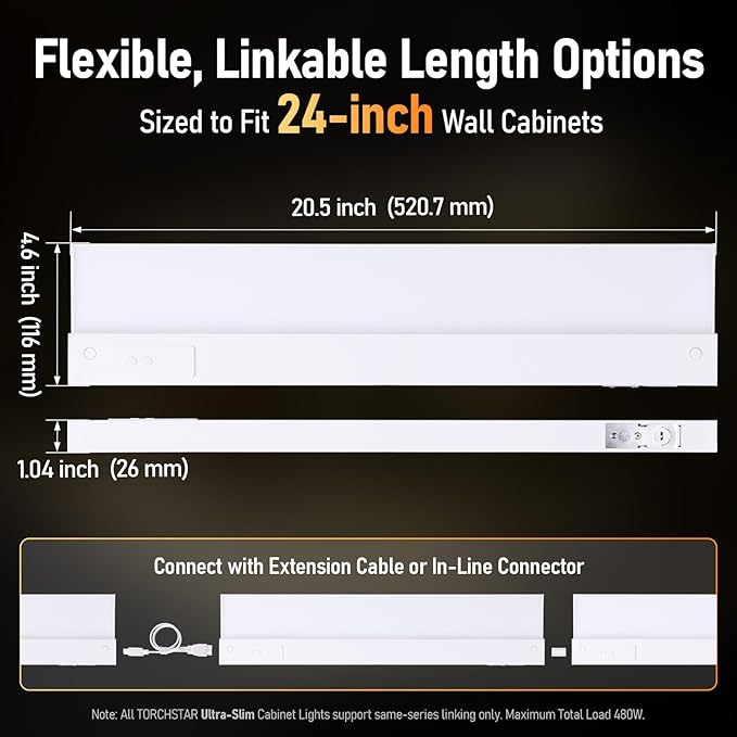 TORCHSTAR Ultra-Slim LED Under Cabinet Lighting Fits 24 Inch Cabinets, 5CCT 16W 1200LM, Hardwired & Plug-in, 120V CRI90 Linkable Dimmable Thin Under Counter Lights for Kitchen, ETL T24