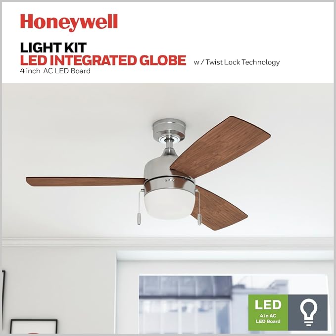 Honeywell Ceiling Fans Barcadero Modern 44 Inch Ceiling Fan with Light, Pull Chain LED Indoor Fan with 3 Blades, Maple and Brown Maple Blade Finish Options, Brushed Nickel (50616-01)
